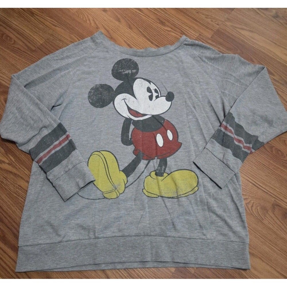 Disney Mickey Mouse Sweatshirt Gray Small 28 Striped Sleeves Retro Graphic